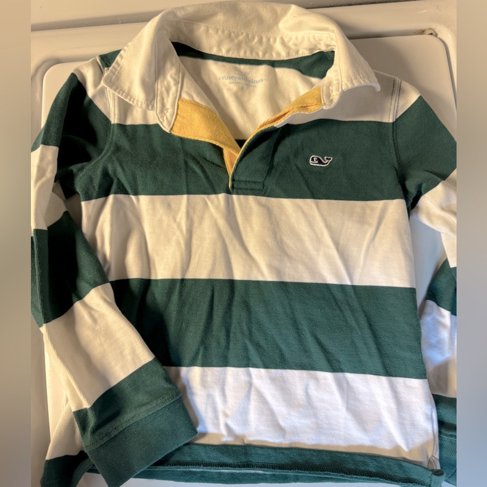 Vineyard Vines Green & White Striped Rugby Shirt with Yellow Trim - Kids